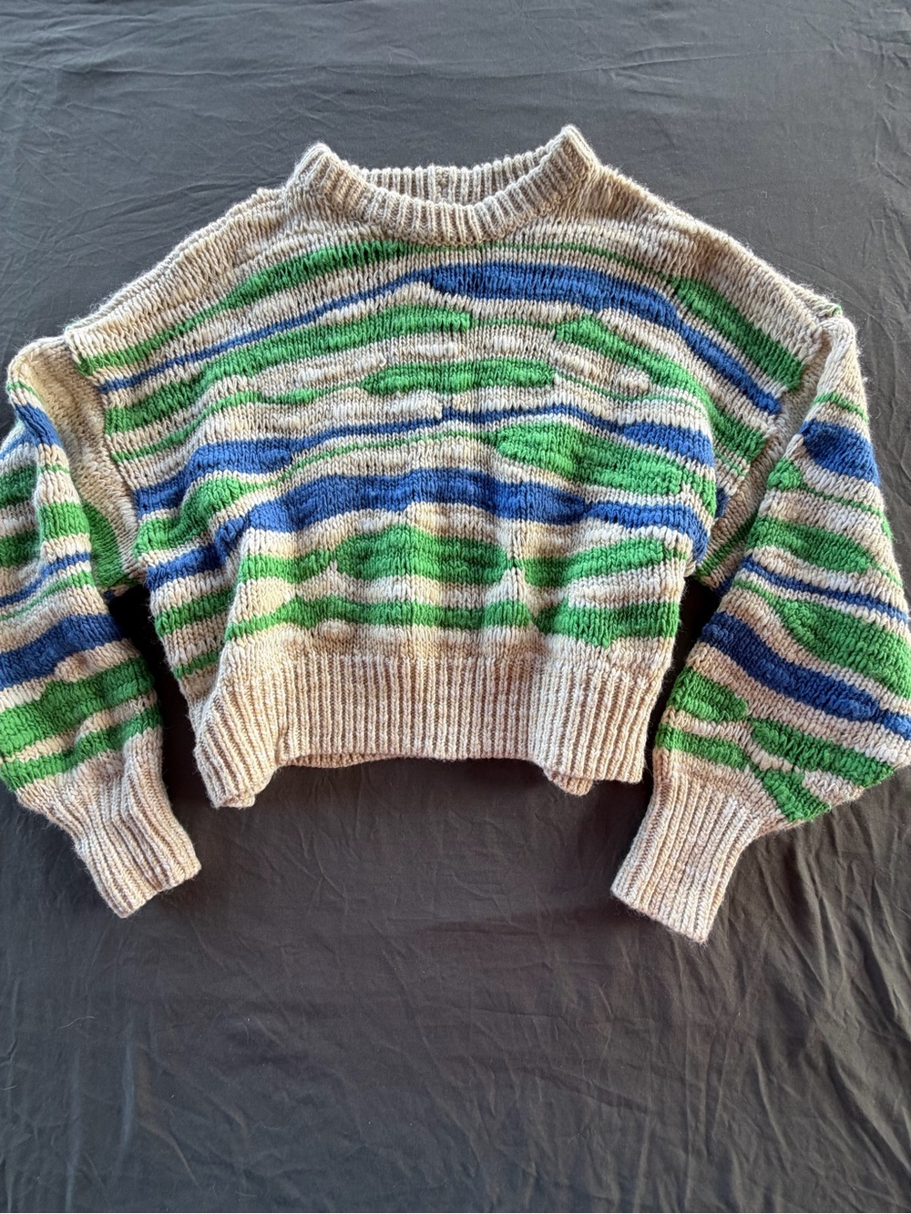 aerie Neutral Crewneck Sweater with Green & Blue Stripes